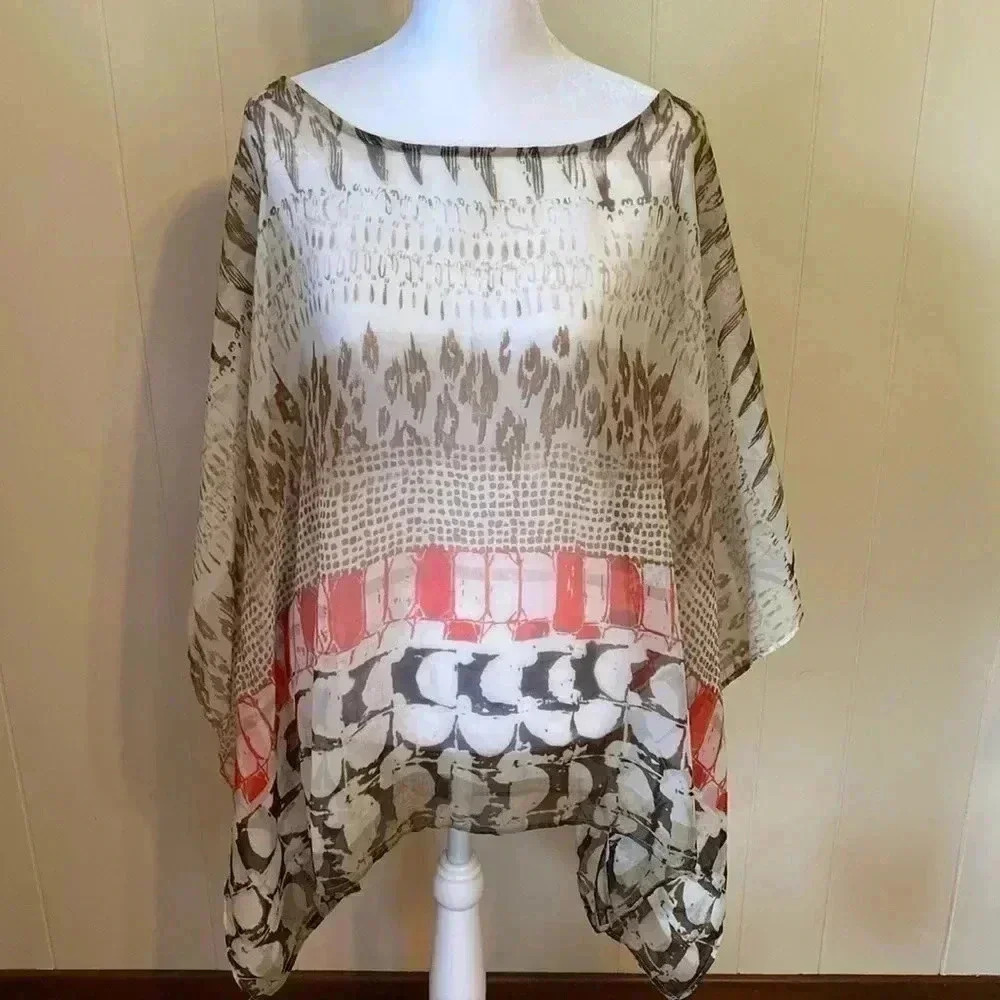 Chico’s Brown & Cream with Red Detail Sheer Poncho Style Top, Size L/XL. Poncho.